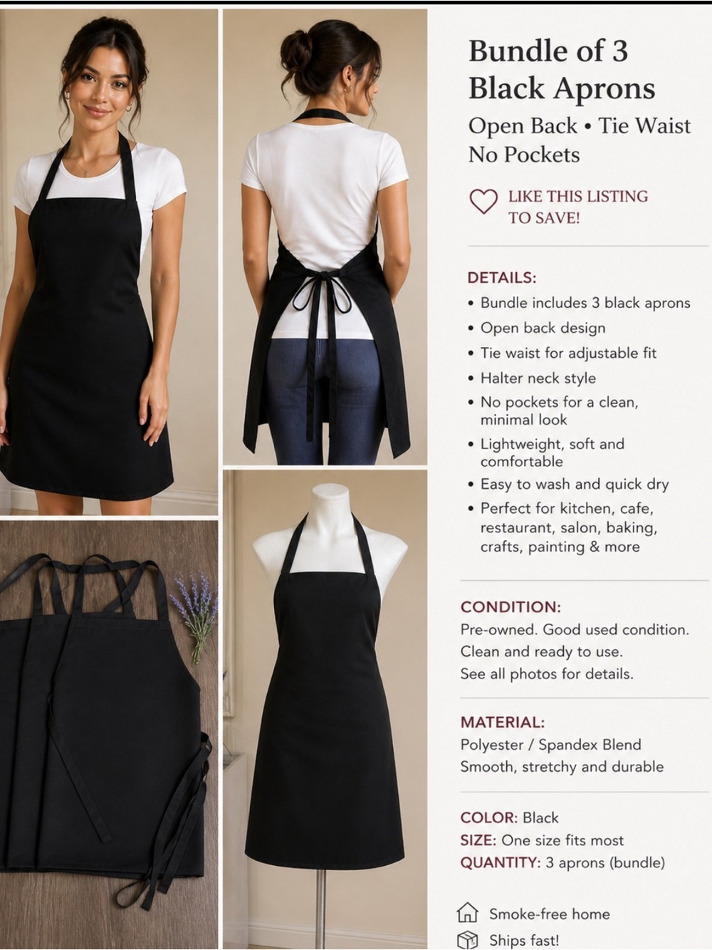 Bundle of 3 Black Aprons - Classic Halter Neck